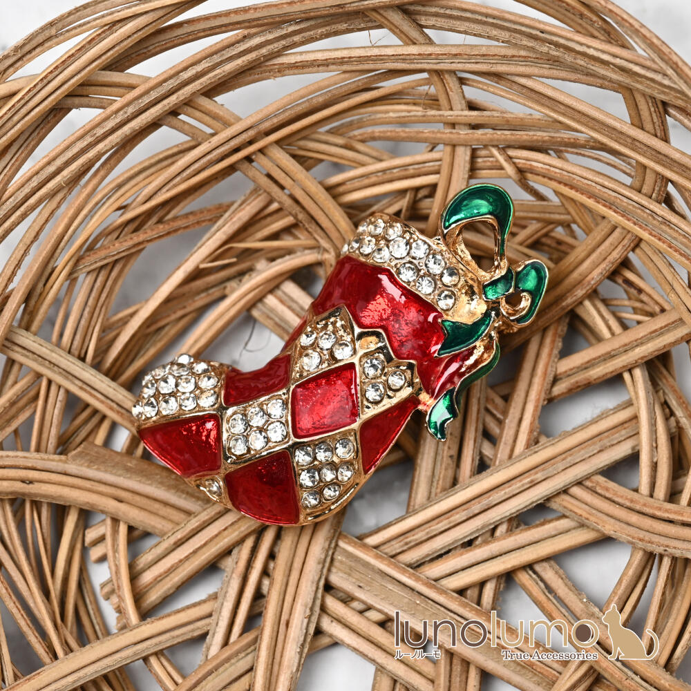 クリスマス ブローチ サンタブーツ 赤 リボ...