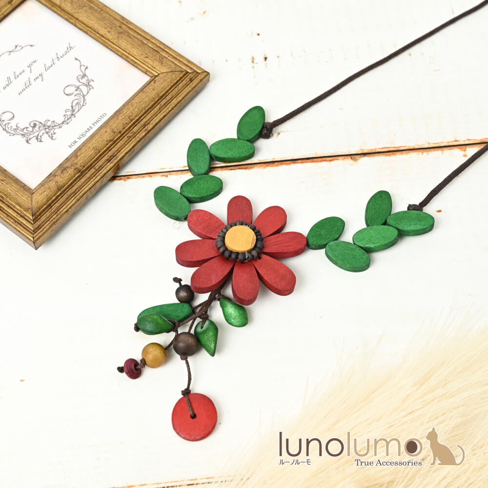 ネックレス レディース 花 フラワー赤 葉っ...
